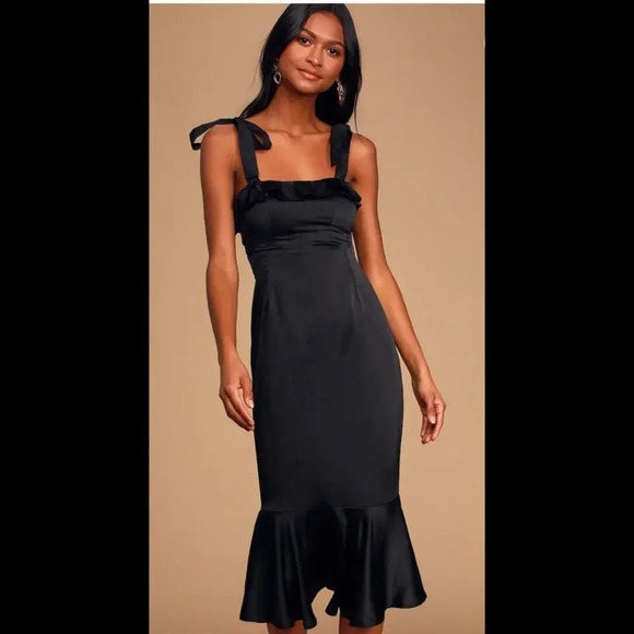 Lulus Black Tie Optional Satin Ruffled Midi Dress - Picture 1 of 12
